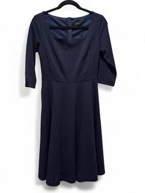 Dressystar Women's Navy Scoop-Neck Midi Dress with Three-Quarter Sleeves